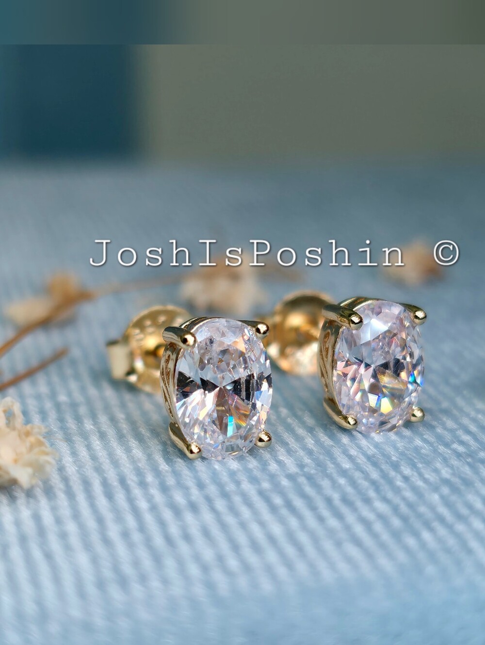 Oval Solitaire Diamond Stud Earrings In Yellow Gold Over Sterling Silver